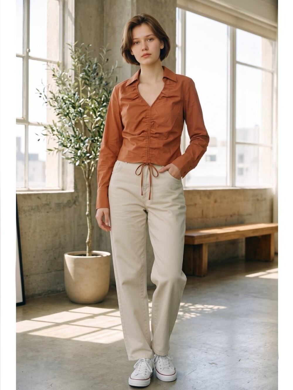 Milk & Honey Brown Draw String Ruched Collared V-Neck Top Women's Size L
